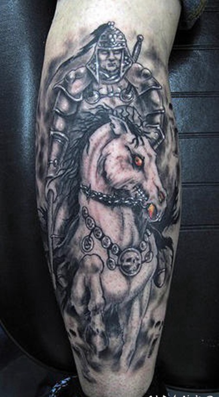 死亡骑士和骷髅装3D小腿纹身图案