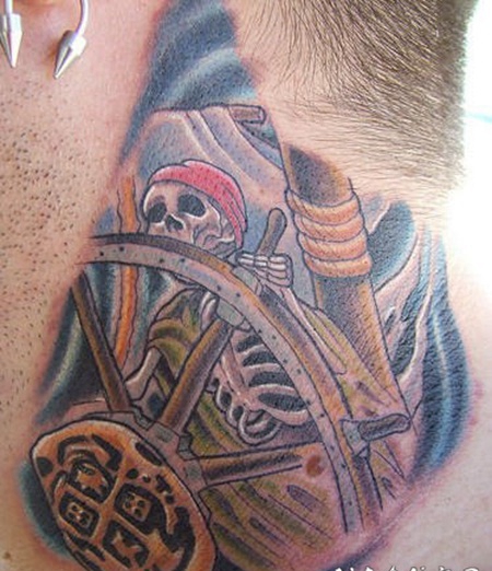 船舵和骨架3D彩色纹身图案