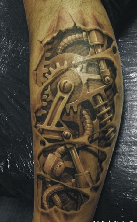 小腿撕皮3D机械纹身图案