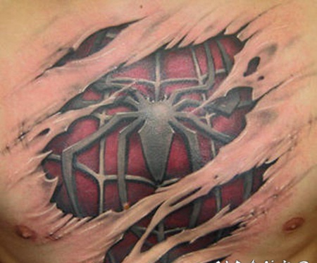 3D蜘蛛和撕皮彩色胸部纹身图案