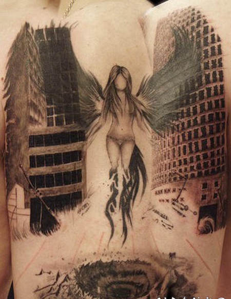 黑色的天使女孩3D纹身图案
