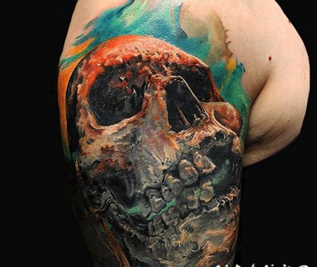 肩部3D水彩画风格的骷髅纹身图案