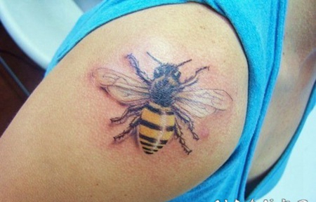 肩部3D逼真的蜜蜂彩色纹身图案