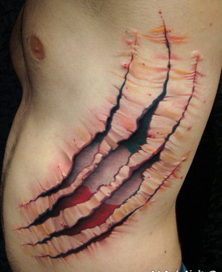 3D逼真的撕皮和意大利国旗侧肋纹身图案