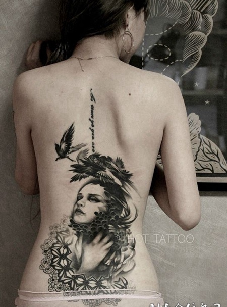 自然中的小精灵，美女腰部精灵女神肖像纹身