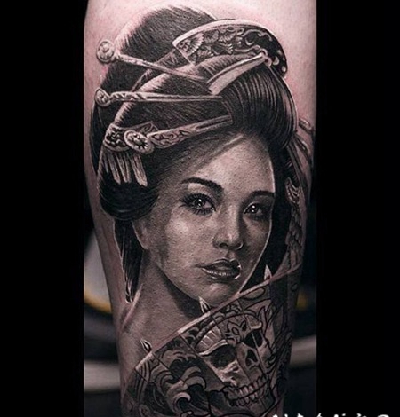 3D写实的艺妓肖像纹身图案