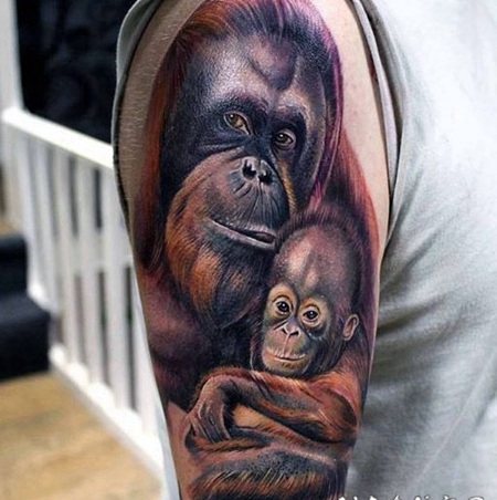 3D写实的猩猩与幼仔纹身图案