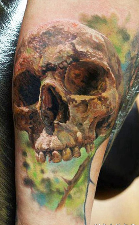 手臂3D逼真的彩色人类骷髅纹身图案