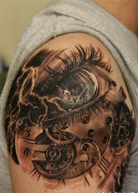肩部令人惊叹的3D逼真怪异齿轮眼睛纹身图案