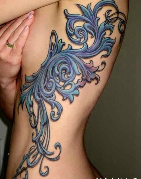 女生侧肋3D可爱的印花图腾纹身图案