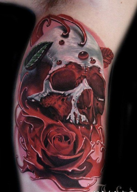 手臂3D写实彩绘血色骷髅与玫瑰纹身图案