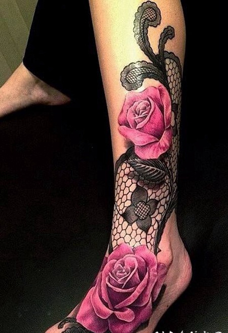 脚踝3D彩色玫瑰和蕾丝纹身图案