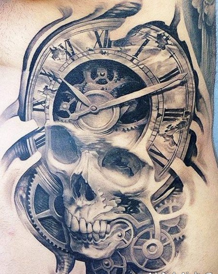 3D写实的骷髅骨与时钟纹身图案