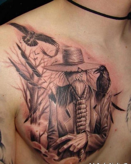 胸部可怕3D乌鸦和稻草人纹身图案