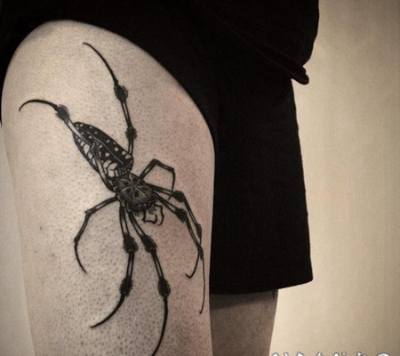 大腿3D黑白大蜘蛛个性纹身图案