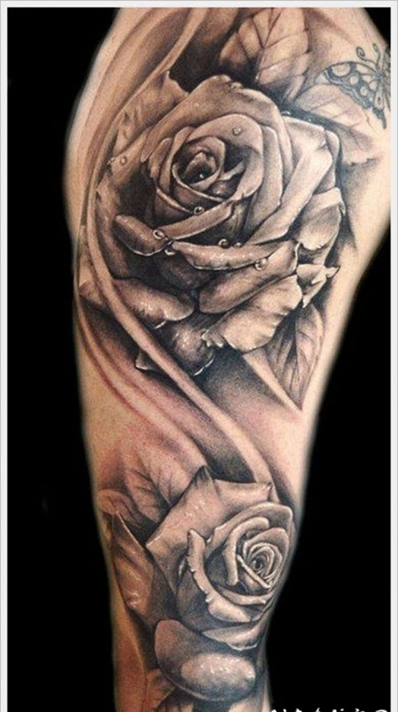 手臂惊人的3D黑白玫瑰纹身图案
