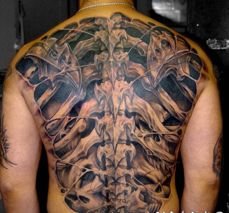 3D逼真的骨骼个性满背纹身图案
