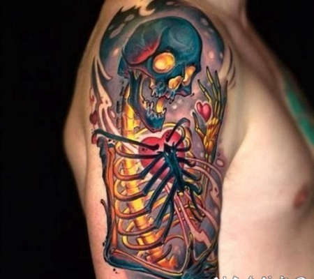 手臂写实的五彩3D骷髅骨架纹身图案