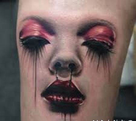 3D恐怖血腥的女人肖像彩色小腿纹身图案