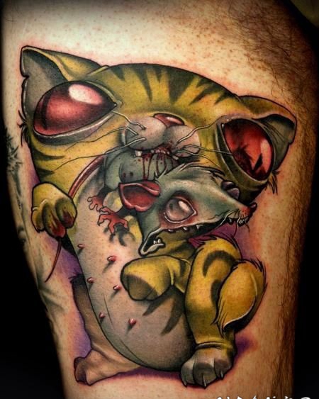 有趣的彩绘3D彩色怪物猫与老鼠纹身图案