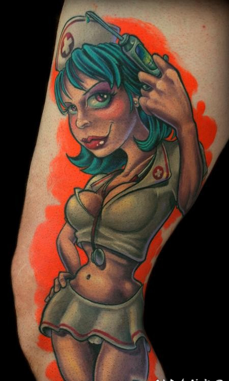 腿部卡通风格3D写实的性感护士彩色纹身图案