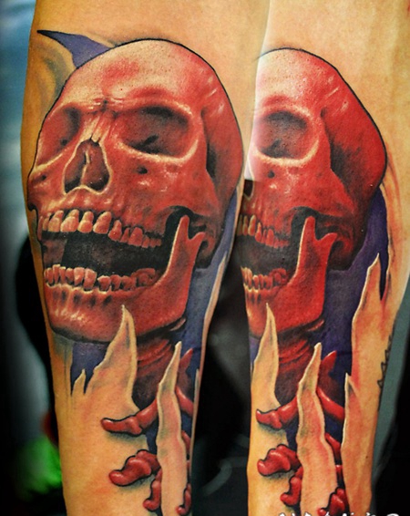 手臂3D彩色可怕的骷髅纹身图案