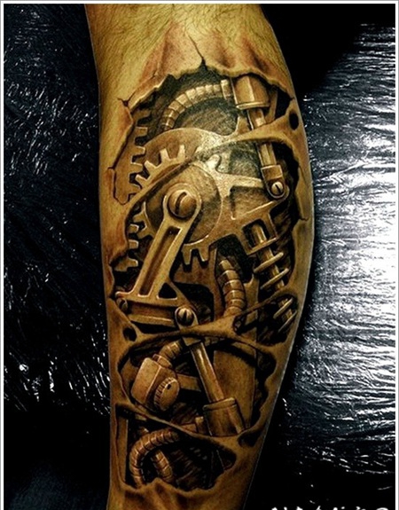 小腿非常逼真的3D黑白机械纹身图案