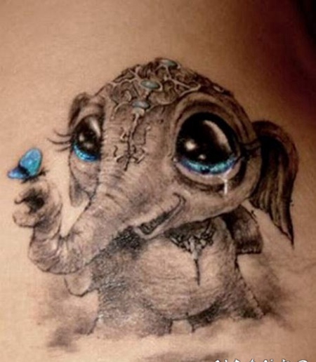 手臂3D风格可爱的小象与蝴蝶纹身图案