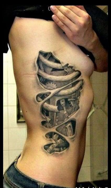 侧肋3D逼真的骨头黑白纹身图案