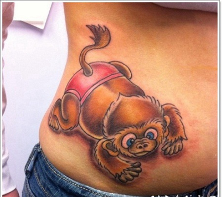 腰部3D卡通彩色的可爱猴子纹身图案