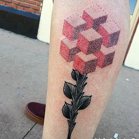 小腿点刺3D几何风格花形纹身图案