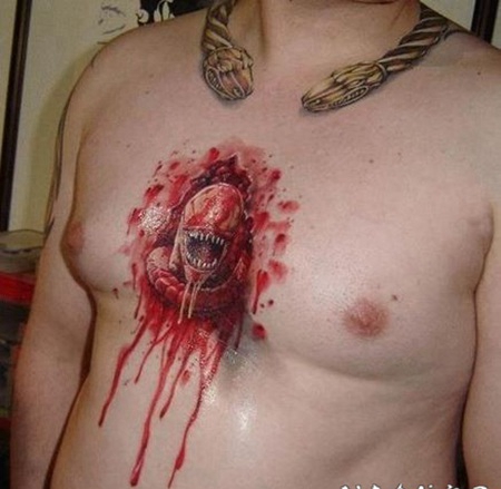 3D写实的血腥外星人胸部纹身图案
