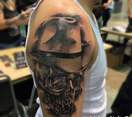 手臂3D非常逼真黑白牛仔骷髅纹身图案