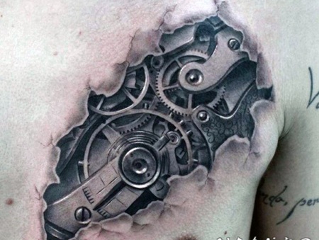 胸部撕皮3D逼真的机械齿轮纹身图案