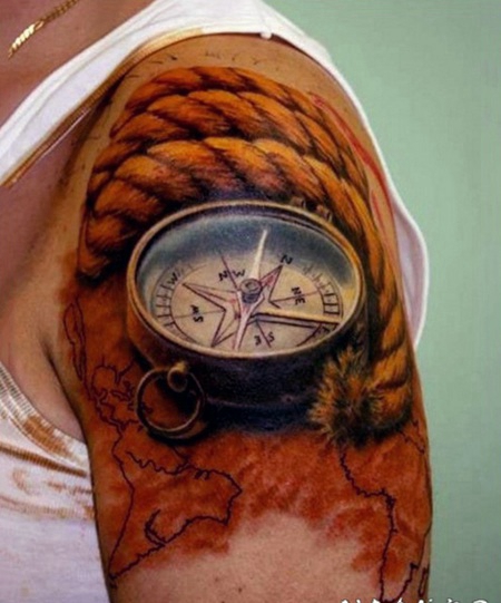 手臂非常逼真的3D彩色指南针与地图纹身图案