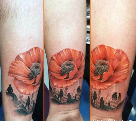 手腕3D红色罂粟花与人像纹身图案