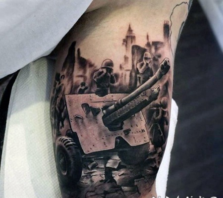大臂3D黑白二战战斗纹身图案