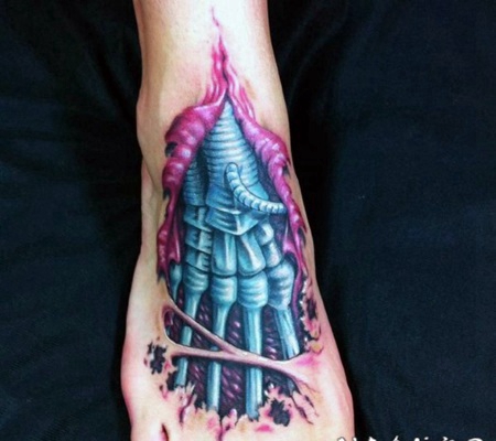 脚背五彩的生物力学骨骼纹身图案