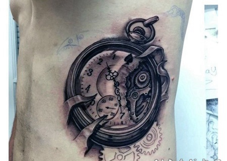 3D写实的黑色时钟侧肋纹身图案