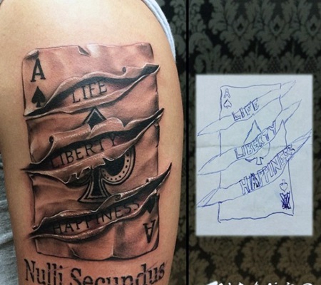 大臂3D写实的扑克牌赌博纹身图案