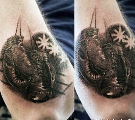 手臂非常逼真的3D拳击手套纹身图案