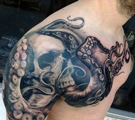 3D写实的黑白章鱼和骷髅肩部纹身图案