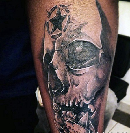 3D黑色的骷髅与五角星标志手臂纹身图案