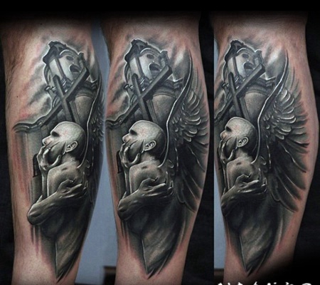 小腿3D神秘的天使雕像纹身图案