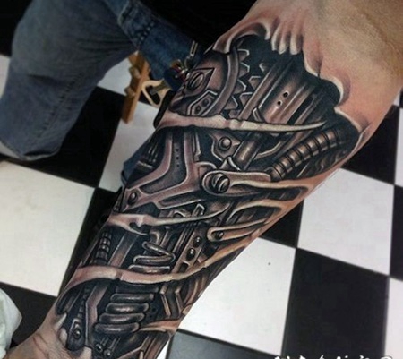 手臂3D写实的黑白机械撕皮纹身图案