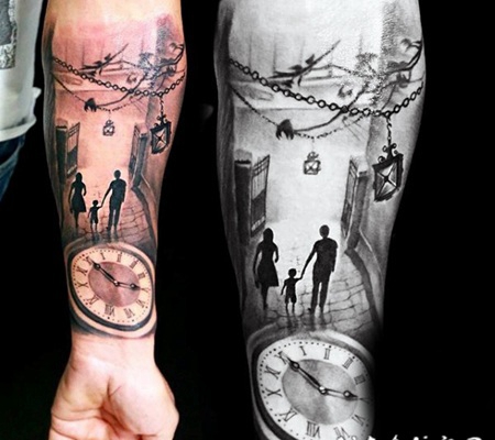 手臂3D逼真的彩色时钟与人像纹身图案