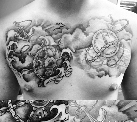 胸部3D写实的黑白船锚船舵和指南针纹身图案