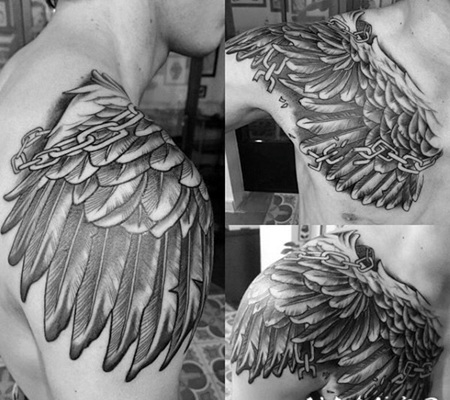 肩部3D黑灰鹰翅膀纹身图案