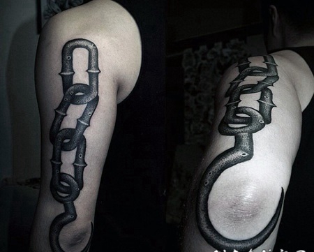 3D黑白铁链钩手臂纹身图案