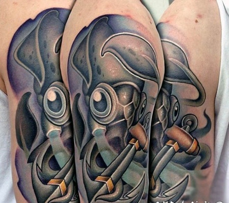 手臂3D五彩的小鱿鱼和船锚纹身图案